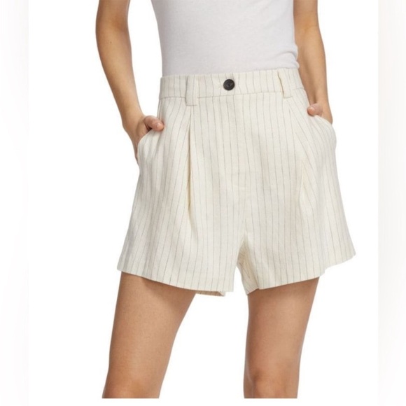 Rails Ilena Ivory Pinstripe Short Pleated Linen Blend Black Stripe Sz 14 NEW